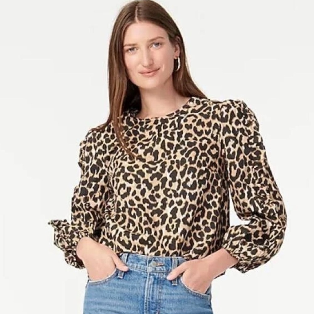 J.Crew Ruffle‑Sleeve Leopard Print Poplin Blouse